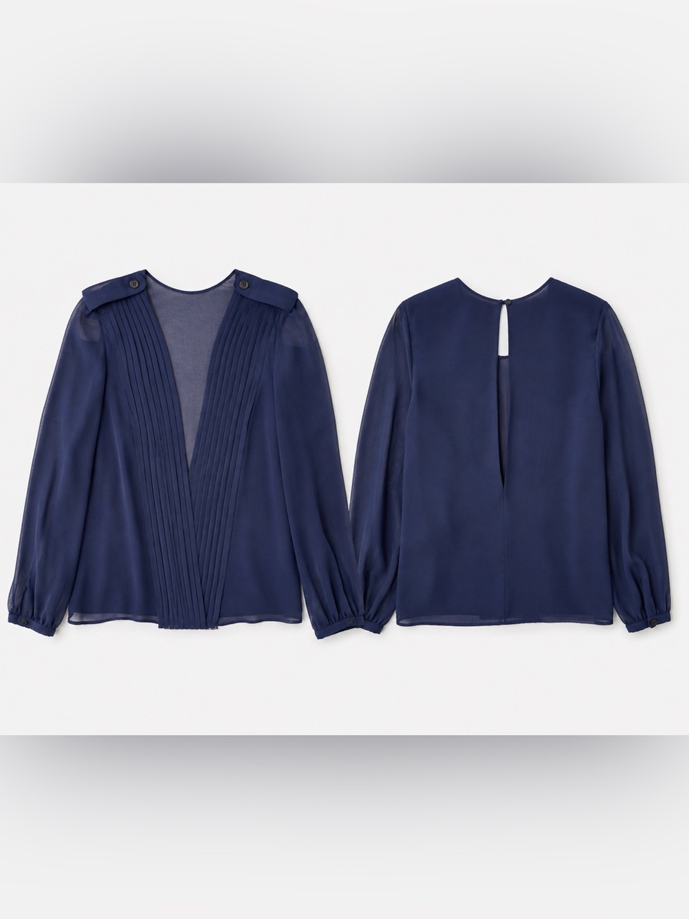 Burberry Prorsum 100% silk Navy Pleated V-Neck Long-Sleeve luxury line Blouse